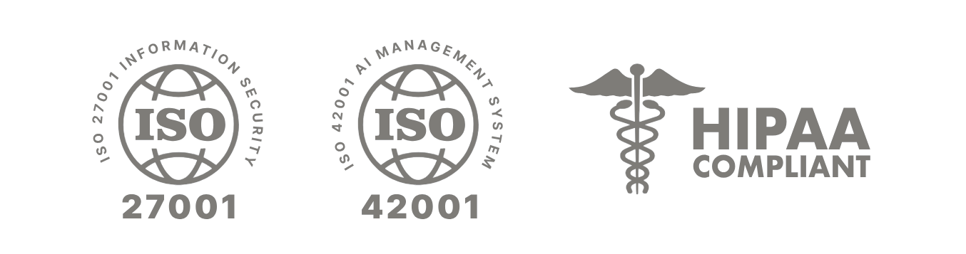 ISO 27001 information security, ISO 42001 AI management system, and HIPAA-compliant marks